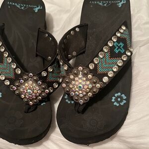 Montana West Black and Teal Studded Sandals